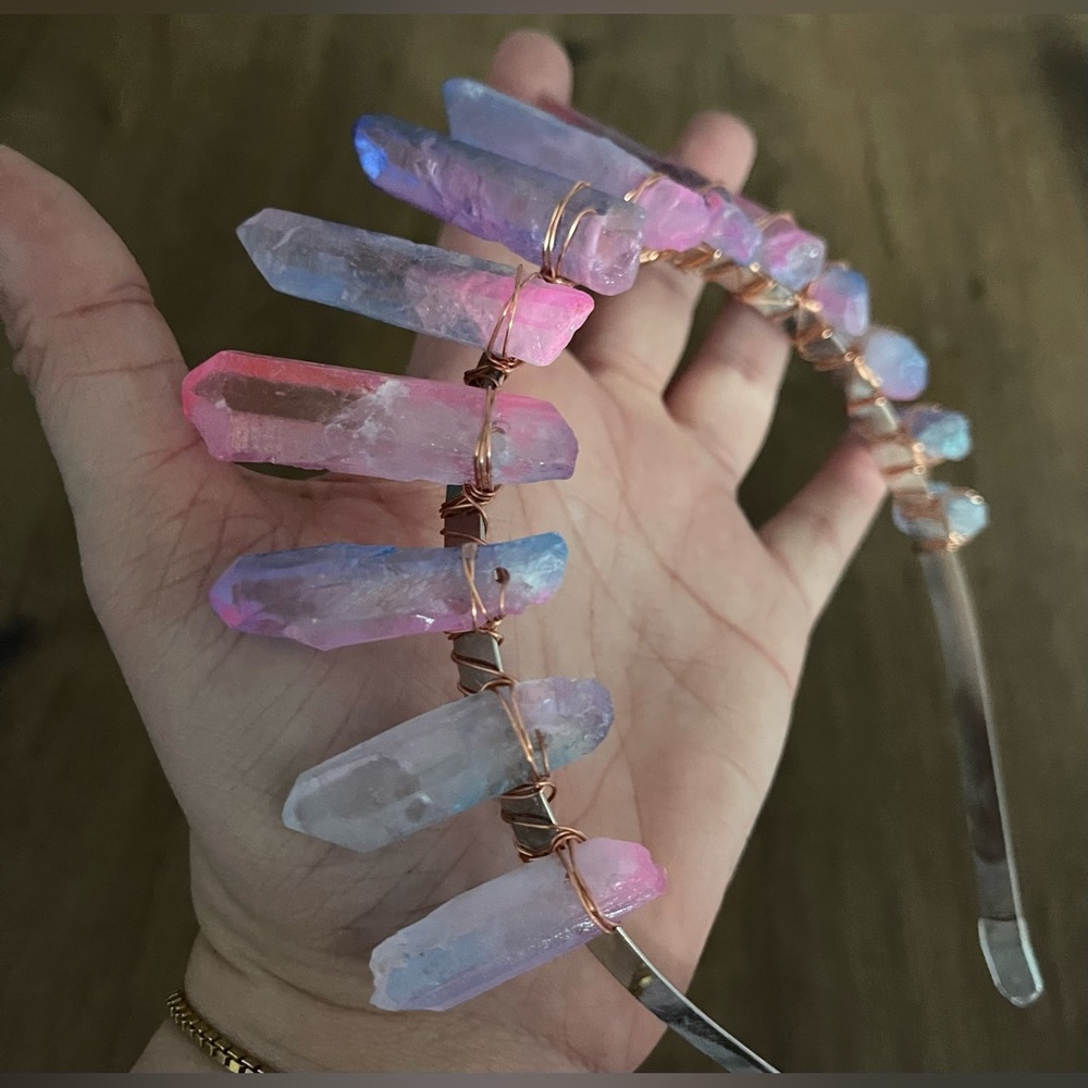Brand New LARGE Blue & Pink Raw Crystal Crown/Headband - Picture 6 of 15